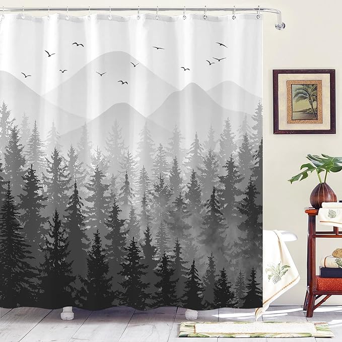 Aipon Black Misty Forest Shower Curtain Gray Ombre Nature Tree Plants Shower Curtains Fabric Waterproof Mountain Shower Curtain Sets for Bathroom Bath Decor with 12 Hooks (Black, 72'' × 78'')