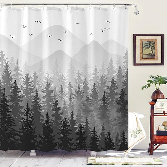 Aipon Black Misty Forest Shower Curtain Gray Ombre Nature Tree Plants Shower Curtains Fabric Waterproof Mountain Shower Curtain Sets for Bathroom Bath Decor with 12 Hooks (Black, 72'' × 78'')
