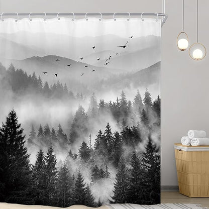 Riyidecor Black and White Shower Curtain 72Wx96H Inch Extra Long Mountain Scenery Nature Pine Tree Cool for Mens Scene View Landscape Bathroom Decor Fabric Polyester Waterproof 12 Pack Hooks