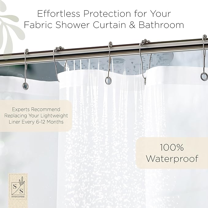Stitch & Stone Shower Curtain Liner, Premium Medium Weight Durable Waterproof 6g PEVA for Bathroom with Weighted Magnets, Standard Size 72" x 72", Frosty 2 Pack