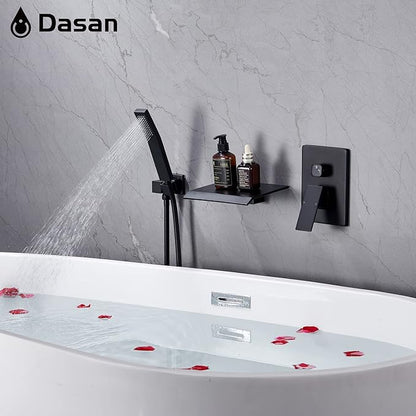 Upgraded Wall Mount Tub Filler Faucet with Handheld Shower, DASAN Modern Wall Mounted Bathtub Faucet Matte Black High Flow Waterfall Tub Faucet with Rough in Valve, SA-TF04WH-MB