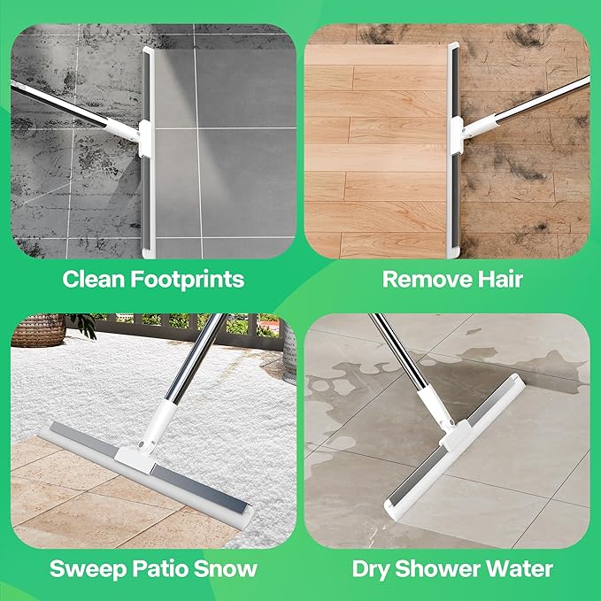 Floor Squeegee with 180° Rotating Head, Squeegee for Floor with 62" Long Handle, Silicone Broom for Window Cleaning, Bathroom Tile, Garage Concrete, Deck, Shower Glass, Pet Hair, Water