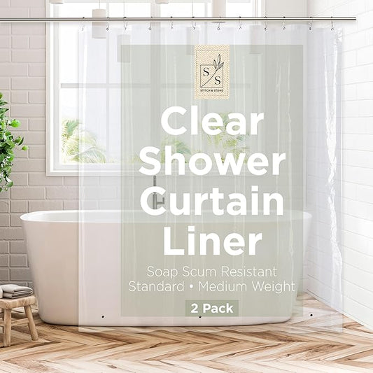 Stitch & Stone Shower Curtain Liner, Premium Medium Weight Durable Waterproof 6g PEVA for Bathroom with Weighted Magnets, Standard Size 72" x 72", Clear 2 Pack
