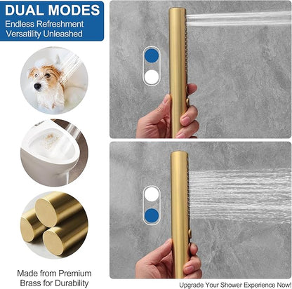 Brushed Gold 12" Rainfall Shower System with Handheld & Body Jets, Wall-Mounted Rain Shower Kit with Slide Bar Combo, Pressure-Balanced Valve with Tempered Glass Shelf & Waterfall Spout Shower Set