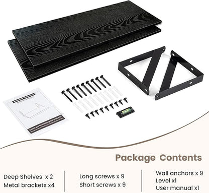 Dreamland Wall Shelves Long, 24W x 8D Wall Mounted Shelves Set of 2, Wide Display Ledge Shelf with Sturdy Metal Brackets for Living Room, Bathroom, Bedroom and Kitchen, Black