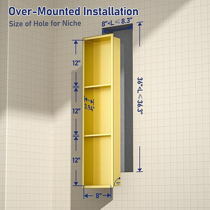 Stainless Steel Shower Niche 8"×36" with 3-Tier Shelve Gold No Tiled Needed Niche Shower for Wall Recessed Shower Shelf for Bathroom Storage