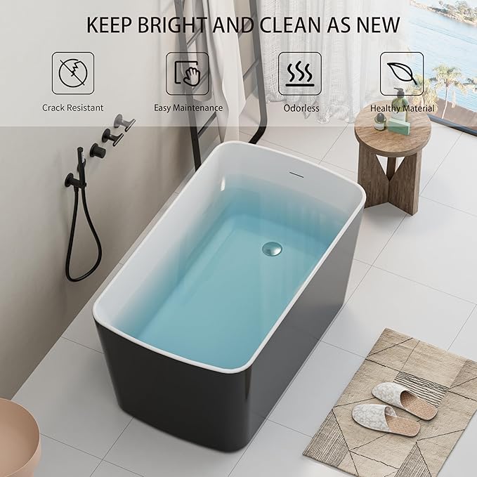 Abruzzo 49" Small Freestanding Bathtub - Square Acrylic Soaking Tub for Small Spaces, Japanese Style Deep Soak with Chrome Overflow & Quick Drain, Gloss Black cUPC Certified Compact Bathtub