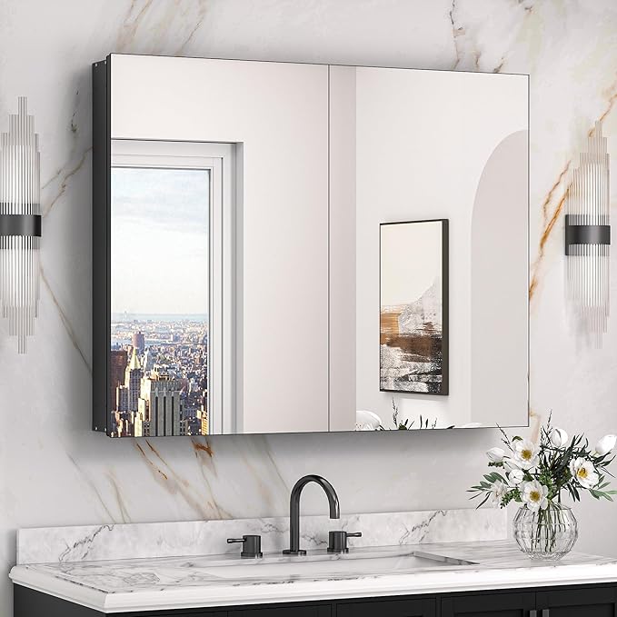 Keonjinn 40 x 32 Inch Large Medicine Cabinet for Bathroom, Black Lightweight Combined Double Doors Mirrored Cabinet, Assembly Needed, Recessed or Wall Mount, Flexiable Ample Storage, Soft Closing