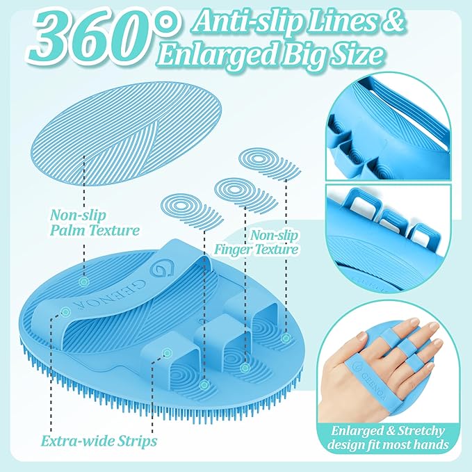 Silicone Back/Face Scrubber & Bath Glove Set 3PCS, Extendable Back Scrubber with Dual-Side Large Head, 360° Anti-Slip Bath Glove, Unique Side-Bristle Face Scrubber for All-Round Cleaning(Blue)