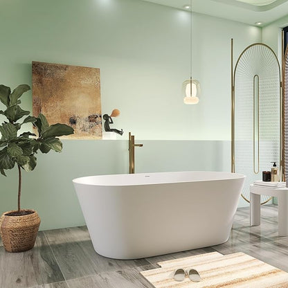 63" Premium Solid Surface Freestanding Bathtubs, Upgraded Oval Stone Resin Soaking Tub with Overflow and Pop-up Drain, Matte White