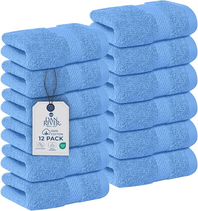 DAN RIVER 12-Pack Premium 100% Cotton Medium Blue Face Towels – Reusable Face Towel Set, Soft & Absorbent washcloths for Showering – Hand and Face Towels, 550 GSM (12x12 in)