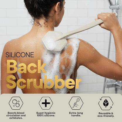 TOOLETRIES Silicone Back Scrubber - Exfoliating Shower Brush, Back Washer for Men, Durable Back Brush with Long Handle - Long Lasting Bath & Shower Accessories - Sand