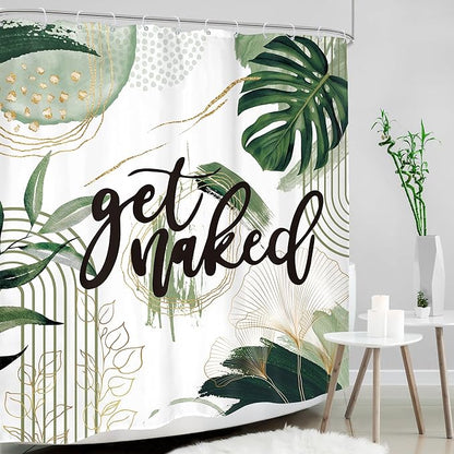 Green Boho Shower Curtain 60Wx72H Bohemian Sage Green Golden Leaves Get Naked Abstract Mid Century Modern Plant Botanical Bathroom Decor Minimalist Bath Curtain Fabric Polyester 12 Pack Hooks