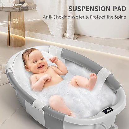 Collapsible Baby Bathtub for Newborn to Toddler 0-36 Months, Spacious Foldable Infant Bath Tub with Thermometer, Cushion & Drain Hole, Portable Travel Tub Grey