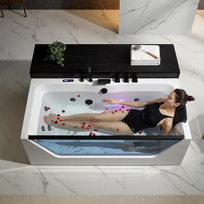 Empava Acrylic Whirlpool Bathtub, 71-Inch Jetted Bathtub with Heater, 10 Jets Hydromassage with Chromatherapy, 3-Side Apron with LED Control Panel, Waterfall, Black Hardware and Nozzles