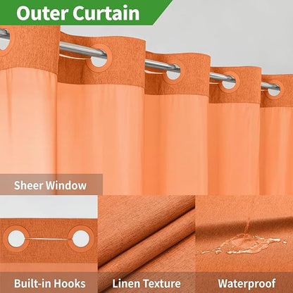 No Hooks Needed Linen Textured Shower Curtain with Snap-in Fabric Liner Set,Hotel Luxury Decor Waterproof Shower Curtains for Bathroom with Mesh Top Window,Washable,71Wx74H,Burnt Orange