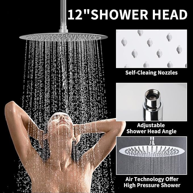Chrome Shower Slide Bar System with 12inch Ceiling Rain Shower Head and 8inch Shower Faucet Set In Wall, Temperature Display Shower Faucet System Fixture with 2 in 1 Handheld Shower Wand