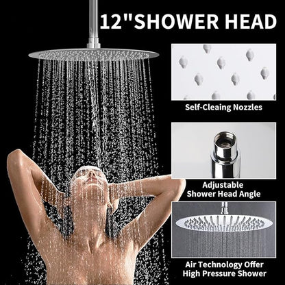 Chrome Shower Slide Bar System with 12inch Ceiling Rain Shower Head and 8inch Shower Faucet Set In Wall, Temperature Display Shower Faucet System Fixture with 2 in 1 Handheld Shower Wand
