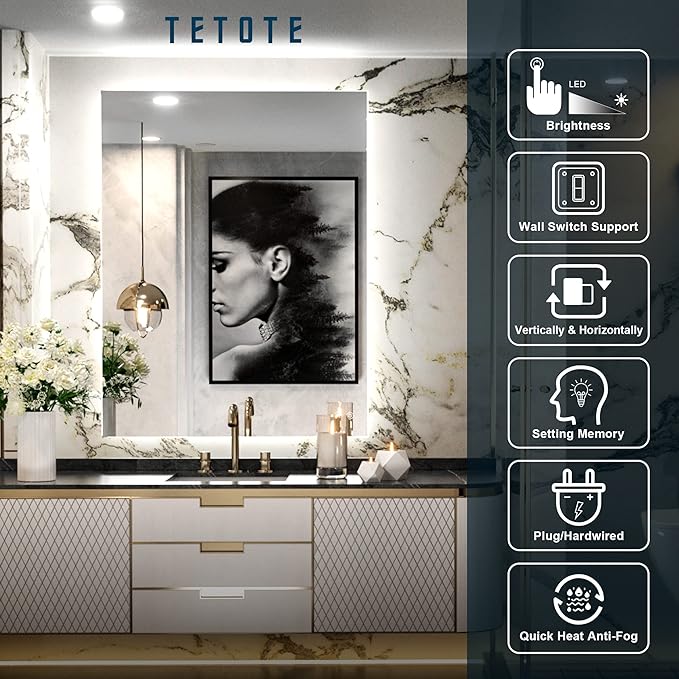 TETOTE 28 x 36 Inch LED Backlit Mirror Bathroom with Light,Anti-Fog,Dimmable,Lighted Mirror(Horizontal/Vertical) Wall Mounted Vanity Mirror