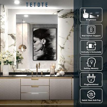 TETOTE 28 x 36 Inch LED Backlit Mirror Bathroom with Light,Anti-Fog,Dimmable,Lighted Mirror(Horizontal/Vertical) Wall Mounted Vanity Mirror