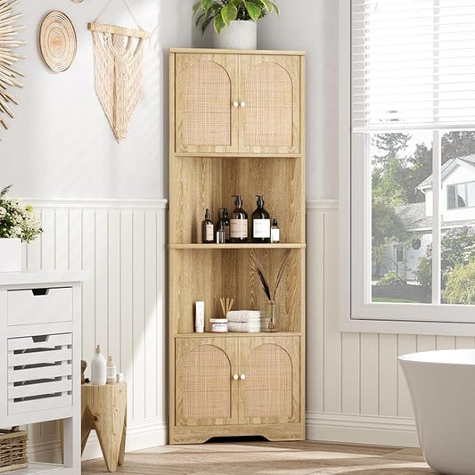 67''H Tall Corner Cabinet with Handmade Rattan Door, Rattan Storage Cabinet with Adjustable Shelves, Corner Bookshelf Space Saver for Barthroom, Kitchen, Natural