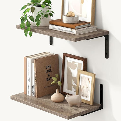 Fun Memories Deep Floating Shelves, 16W x 8D Floating Shelves Set of 2, Wall Mounted Shelf with Metal Brackets, Rustic Wood Wall Shelf for Bathroom, Kitchen and Living Room, Grey