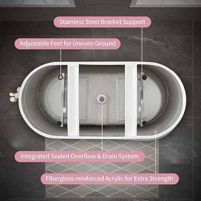 ABRUZZO 60" Acrylic Freestanding Bathtub - Oval Deep Soak Tub, Center Drain & Overflow, cUPC Certified Glossy White