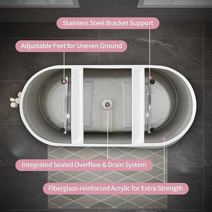 ABRUZZO 60" Acrylic Freestanding Bathtub - Oval Deep Soak Tub, Center Drain & Overflow, cUPC Certified Glossy White