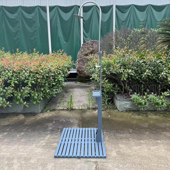 Outdoor Pool Shower Kit Portable Wood Outdoor Garden Pool Shower with Chassis Board for Outdoor Backyard Poolside Beach Spa,Gray