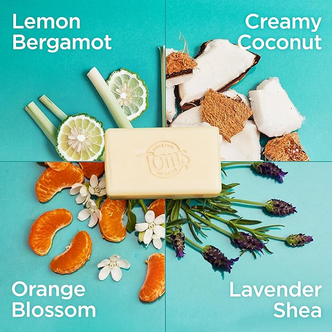 Tom’s of Maine Natural Bar Soap Variety Pack, Lavender & Shea, Creamy Coconut, Orange Blossom, Lemon Bergamot, Dermatologically Tested, Paraben Free, Vegan, 4 Count