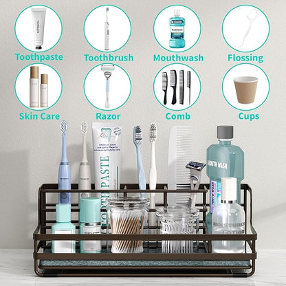 HapiRm Toothbrush Holders for Bathroom - 5 Partitions Bathroom Counter Organizer with Instant Drying Stone, Stainless Steel Countertop Storage Electric Toothbrush Toothpaste Holder - Bronze