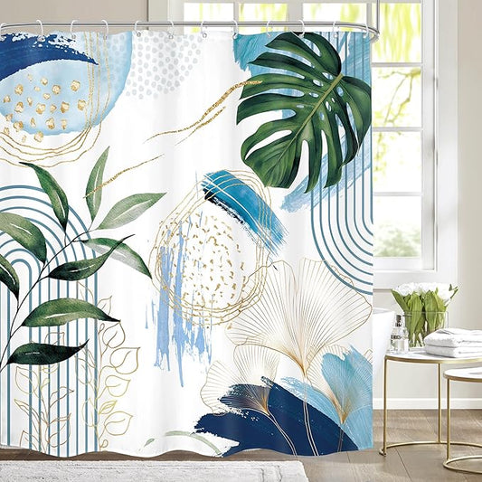 Blue Boho Shower Curtain 72Wx72H Modern Mid Century Abstract Blue Gold Tropical Leaves Palm Minimalist Plant Bathroom Decor Geometric Arch Bath Curtain Fabric Polyester 12 Pack Hooks