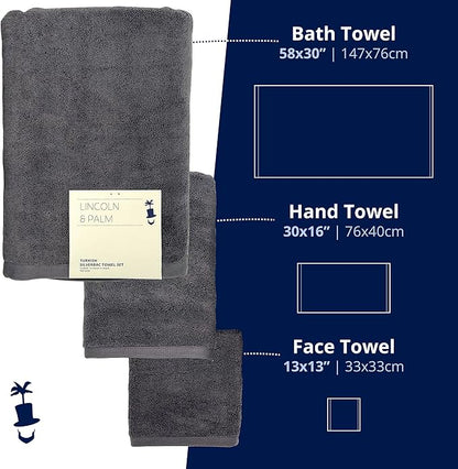 Lincoln & Palm 3 Piece Turkish Towels Set, Thick, Soft, Plush 700 GSM Spa & Hotel Quality, Silver Infused SILVERbac | Bath 58x30, Hand 30x16, Face Wash Cloth 13x13 (3 Piece Towel Set, Charcoal)