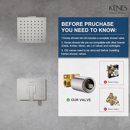 KENES Brushed Nickel 6-Inch Shower Head and Handle Set, Square Shower Faucet Set Bathroom Rainfall Shower System Wall Mount, KE-6025B (Shower Valve Included)