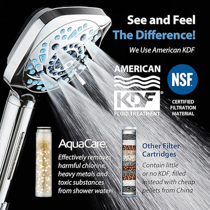 AquaCare High Pressure 10 Spray Mode Filtered Showerhead - Handheld Shower Head Filters Chlorine to Heal Dry Skin, Revive Hair - Dual Power Wash Cleans Tub, Tile, Pets - Hard Water Softener, Chrome