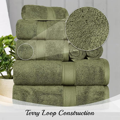 Superior Egyptian Cotton Pile 8 Piece Towel Set, Includes 2 Bath, 2 Hand, 4 Face Towels/Washcloths, Ultra Soft Luxury Towels, Thick Plush Essentials, Guest Bath, Spa, Hotel Bathroom, Forest Green