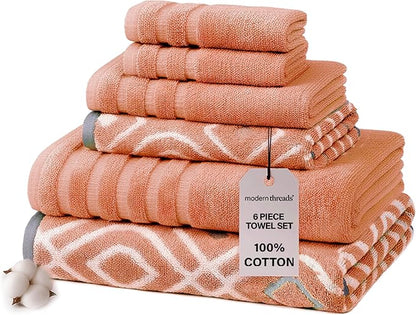 Modern Threads Oxford 6-Piece 100% Cotton Towel Set – Yarn Dyed Jacquard & Solid – Includes 2 Bath Towels, 2 Hand Towels, 2 Washcloths – Absorbent, Quick Dry, Soft & Durable – Orange