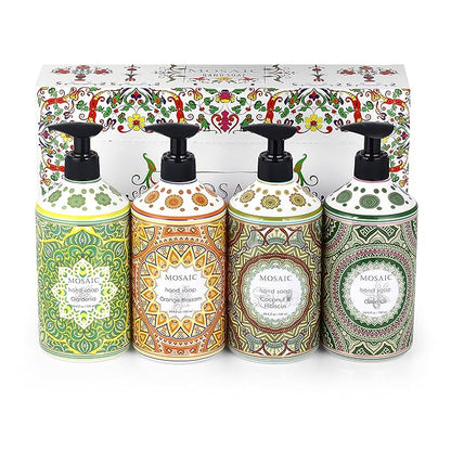 Mosaic Liquid Hand Soap / Wash Gift Set, Ideal Bathroom Kitchen Hand Soap Set , Olive Oil + Coconut & Hibiscus + Gardenia + Orange Blossom, 4 x 24.6 fl oz Each Liquid Soap Bottle