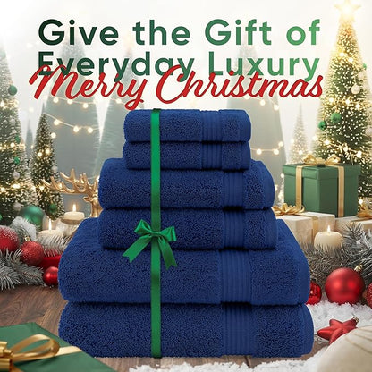 American Veteran 100% Cotton Turkish 6 Piece Luxury Towel Set - 2 Bath, 2 Hand, 2 Washcloths in Navy Blue