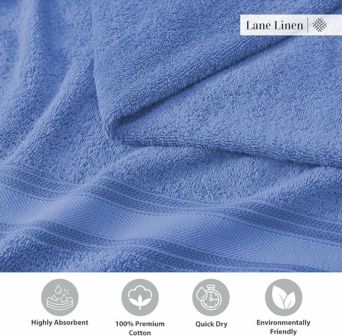 LANE LINEN Bathroom Towels Set of 18 – Zero Twist, 100% Mercerized Cotton, 6 Bath, 6 Handtowel & 6 Washcloths, Luxury Hotel Design, Perfect for Salon & Guests, Machine Washable – Cerulean Blue