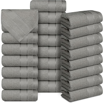 Casa Lino Face Towels & Body Wash Cloths for Showering - 100% Cotton Wash Cloths for Bathroom - Highly Absorbent & Quick Drying Washcloth Set - Cotton Washcloths 24 Pack (12" x 12") - (Silver Grey)