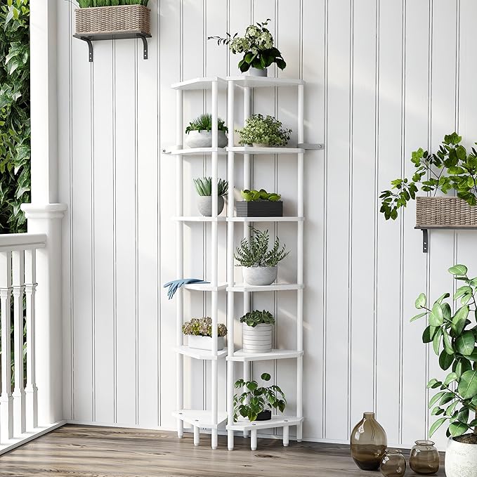 6 Tier Corner Shelf with LED Light, 66.5'' Tall Standing Shelf, Narrow Display Shelf Stand, Modern Corner Bookshelf, Plant Stand, Corner Bookcase for Living Room, Bedroom, Small Space LCS502WE