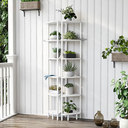 6 Tier Corner Shelf with LED Light, 66.5'' Tall Standing Shelf, Narrow Display Shelf Stand, Modern Corner Bookshelf, Plant Stand, Corner Bookcase for Living Room, Bedroom, Small Space LCS502WE