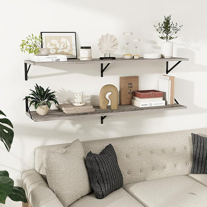 Dreamland Floating Shelves for Wall, 12 Inch Deep Floating Shelves Set of 2, 55W x 12D Large Wall Shelf with Sturdy Metal Brackets for Living Room, Bathroom, Bedroom and Kitchen, Grey