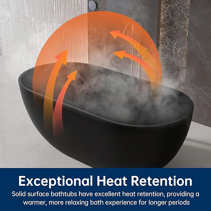 59'' Resin Stone Freestanding Bathtub, Matte Black Soaking Tub Solid Surface Modern Tubs with Overflow and Pop-up Drain in