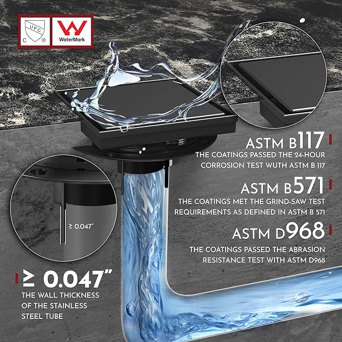 WEBANG 6 Inch Square Shower Drain Black Floor Drain with Flange Reversible 2-in-1 Cover Tile Insert Grate Removable SUS304 Stainless Steel CUPC Certified Matte Black