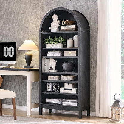 71" Tall Arched Bathroom Storage Cabinet, 7-Tier Modern Farmhouse Storage Cabinet with Adjustable Shelves, Wood Freestanding Cabinet for Bathroom, Living Room, Entryway, Hallway (Dark Grey)