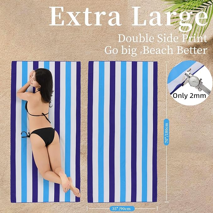 Microfiber Extra Large, Oversized Beach Towels (70x35'') -4 Pack XL Quick Dry Blue Pink Aqua Coffee Striped Towels for Adults & Women，Sand Free for Pool,Swim,Travel,Absorbent & Lightweight