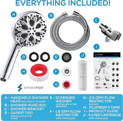 SparkPod 10-Mode Handheld Shower Head with Filter - 5" High Pressure Filtered Shower Head with Touch-to-Clean Nozzles, Built-In Power Jet, Stainless Steel 6ft Hose & Bracket (Polished Chrome)