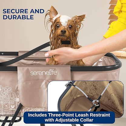 SereneLife Foldable Dog Bath Tub with Adjustable Height, 360° Access, Drain Hose & Storage Pockets – 130 lb Capacity Grooming Station for Indoor/Outdoor Use, Beige